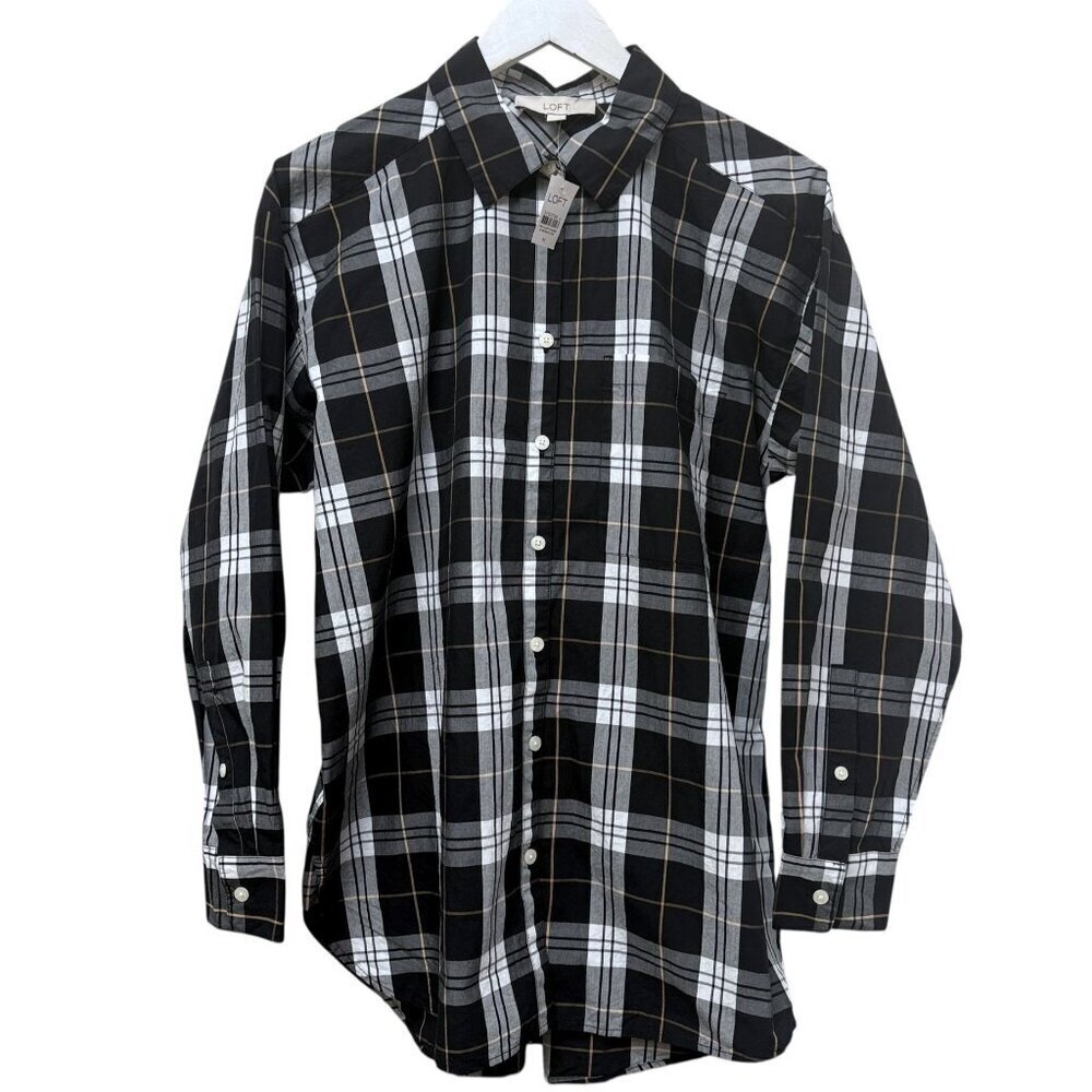 LOFT Black Plaid Boyfriend Shirt Size Medium Tunic Button Up Womens Top NWT